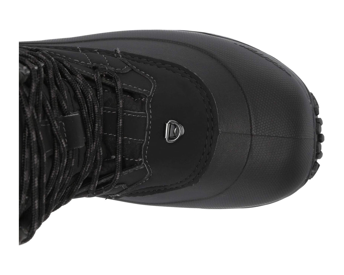 Black boot toe and side panel with lace eyelets and textured rubber outsole
