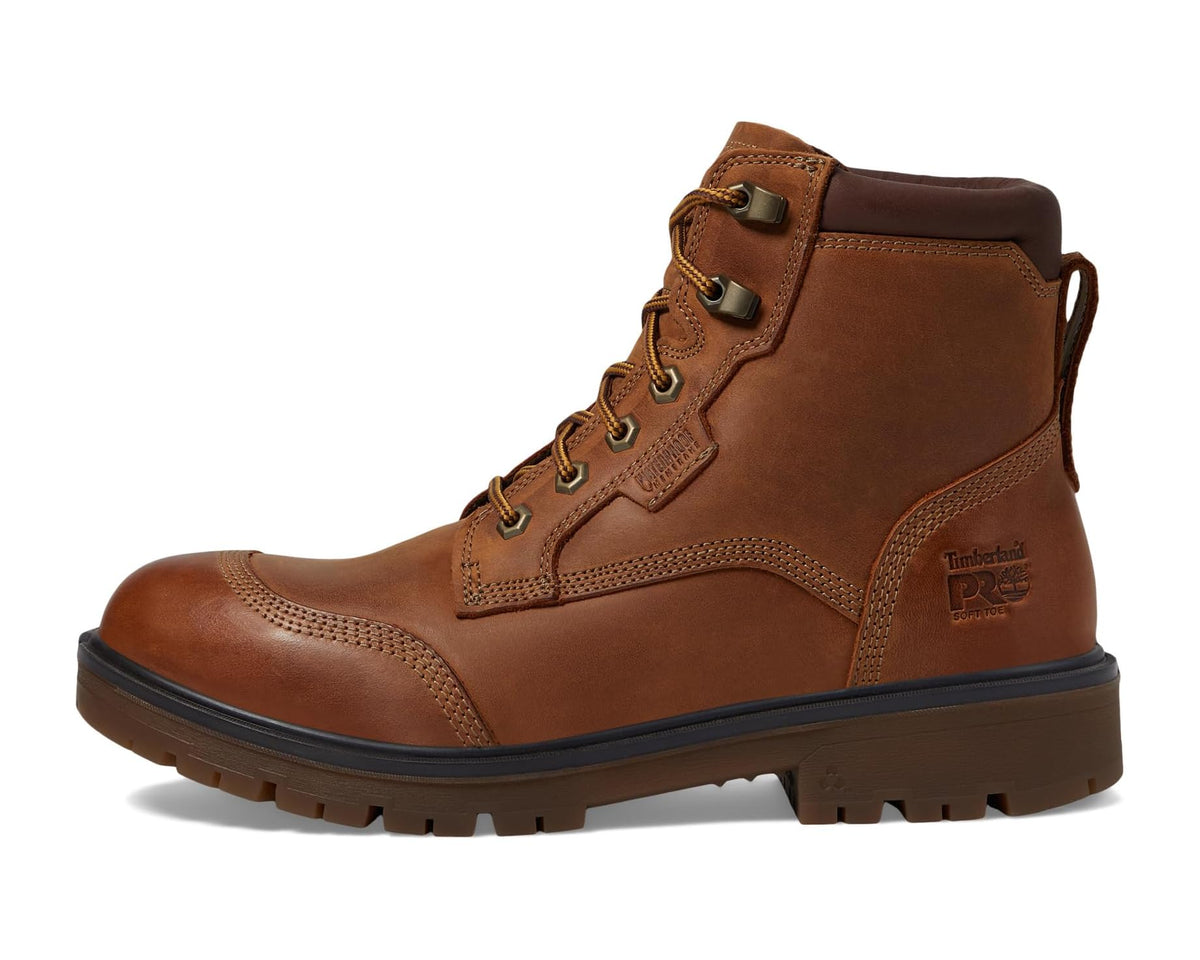 Brown leather lace-up work boot with high shaft, padded tongue, rubber outsole.