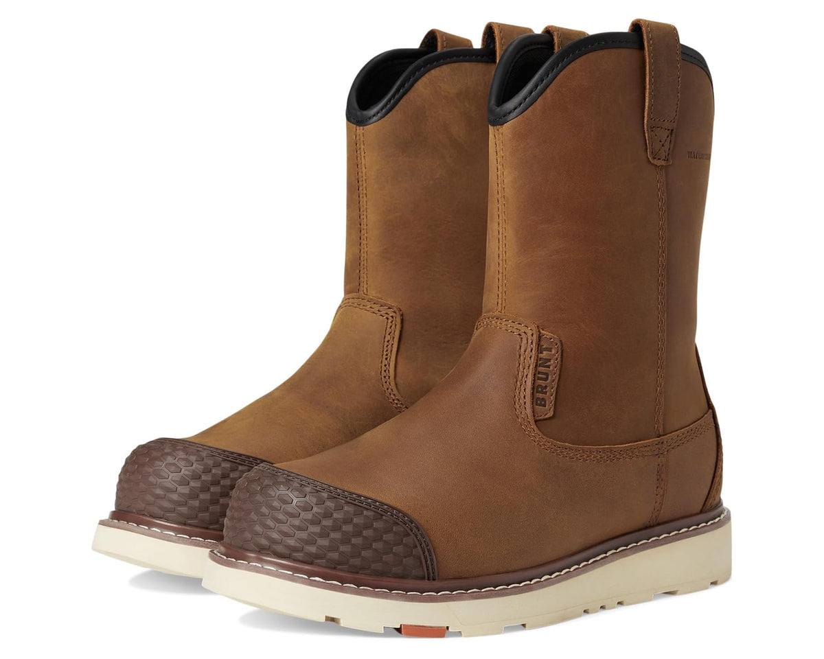 Men's brown composite-toe work boots with dark lining, pull-on collar, and rugged outsole