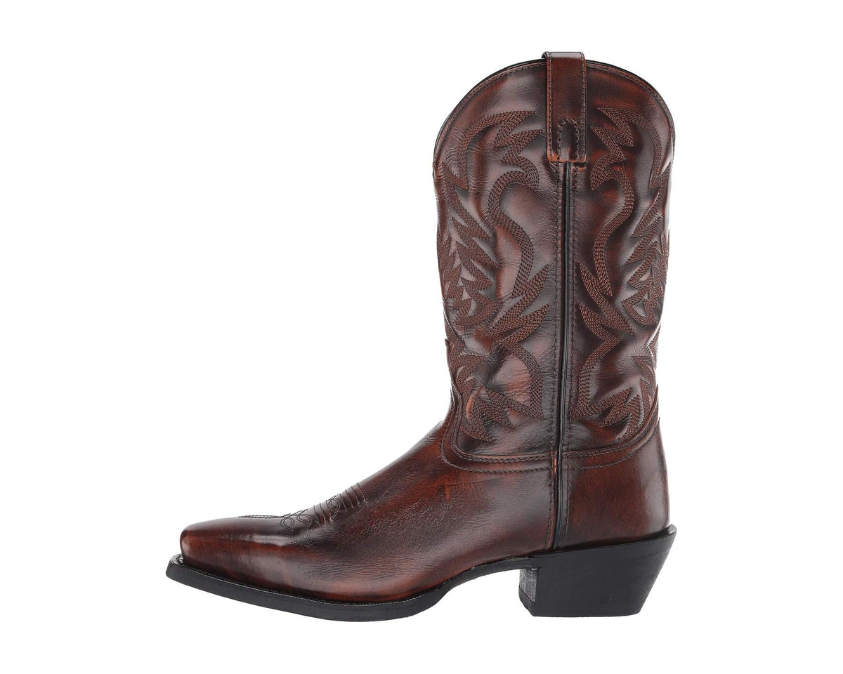 Men's tan cowboy boot with full western embroidery on tall shaft and pull-on top