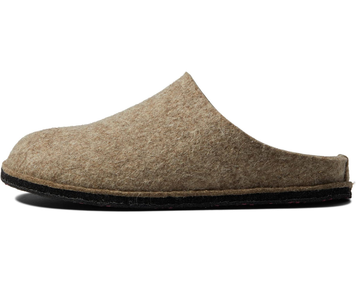 Tan felt slip-on mule clog slippers with black rubber sole