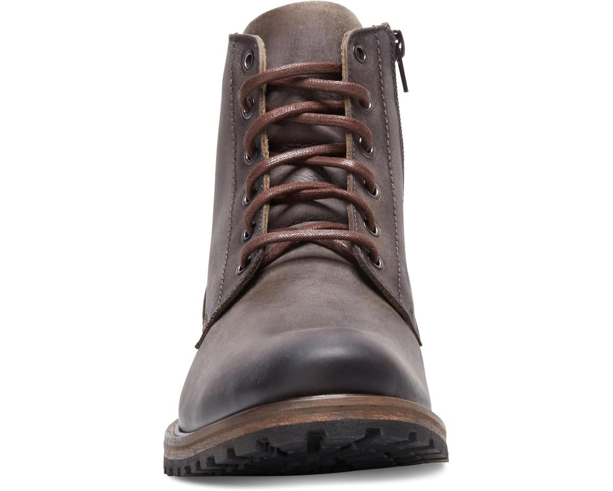 Men's brown lace-up ankle boots front view with lace-up vamp and lug sole