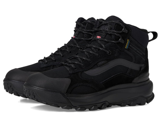 Black high-top lace-up waterproof boot with padded collar and rugged tread outsole