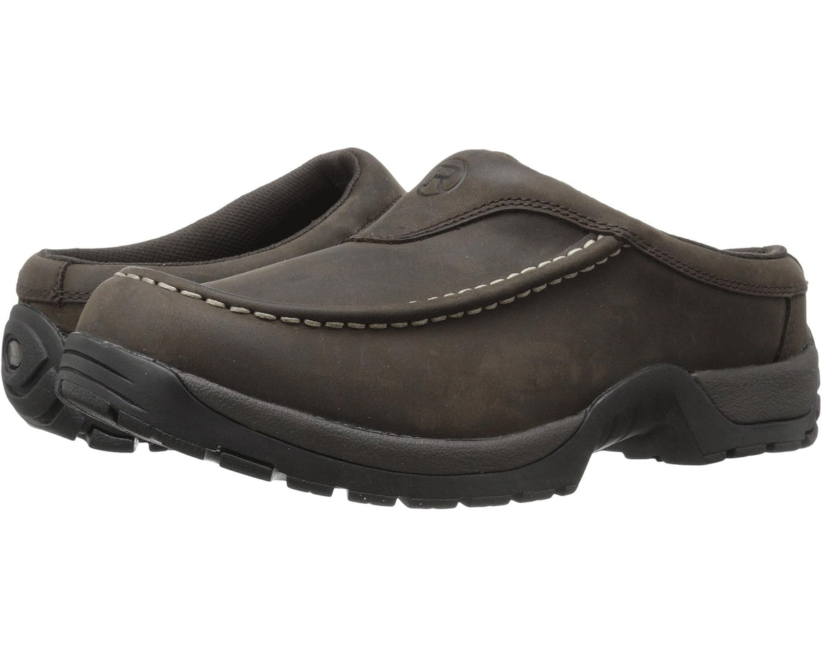 Brown moc-toe performance mule with slip-on upper and contrast stitching