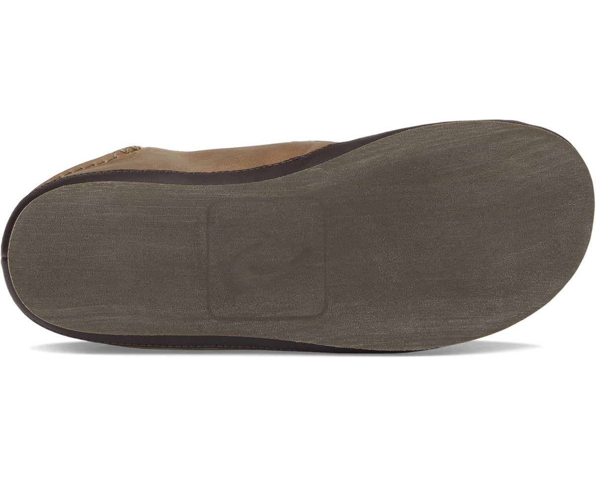Men's OluKai Moloa slip-on slippers with dark outsole and tan upper
