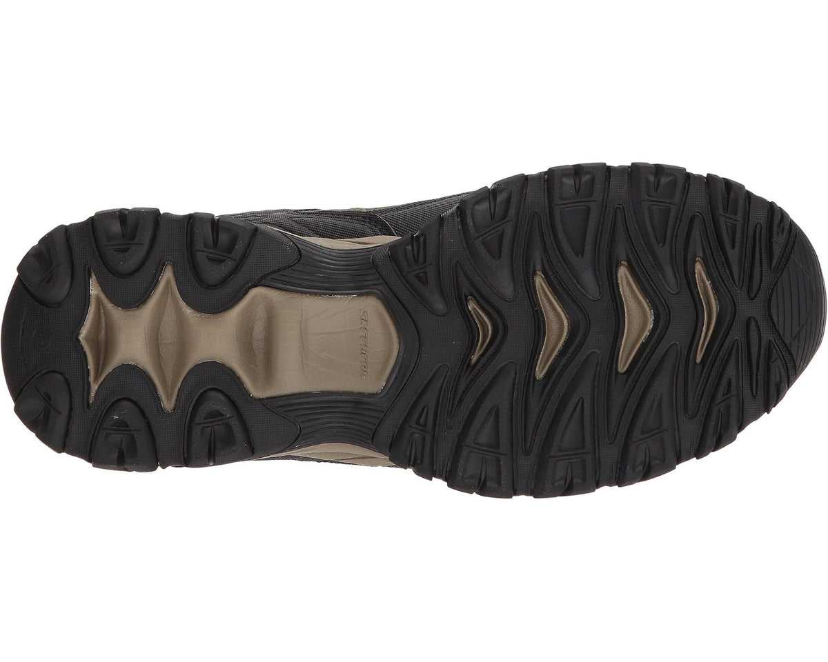 Men's Skechers After Burn sneaker outsole, black traction tread with tan midsole