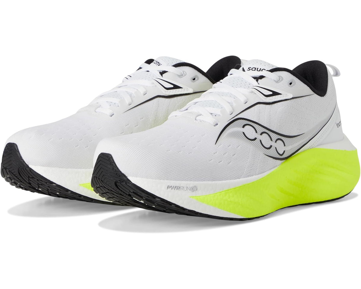 White and citron men's running shoes with black accents, lace-up design and cushioned sole