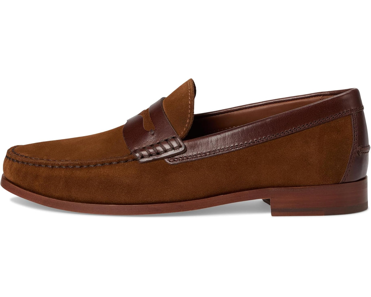Brown suede penny loafer with leather strap detail and low block heel