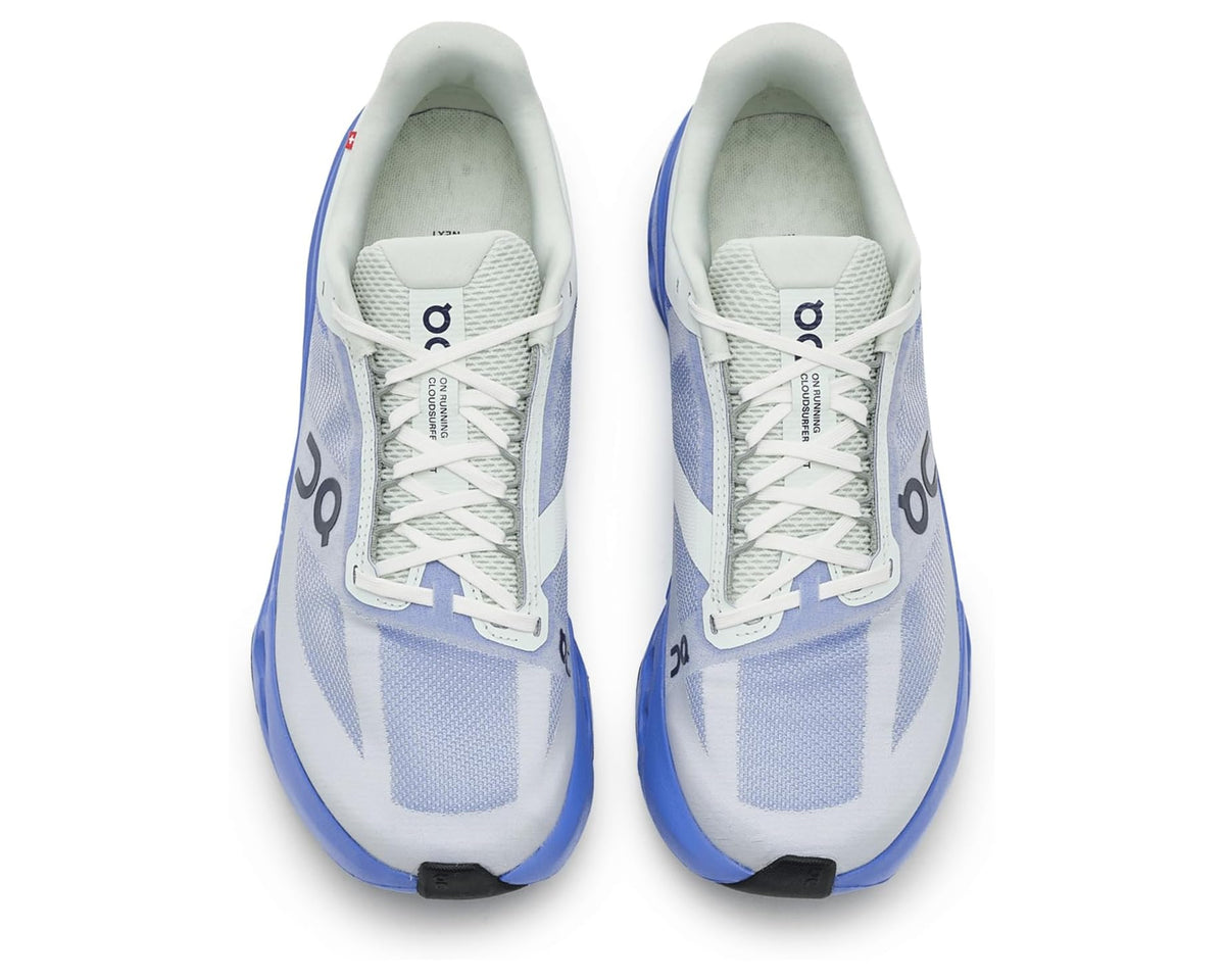 Men's On running shoes with white laces and light blue patterned mesh upper