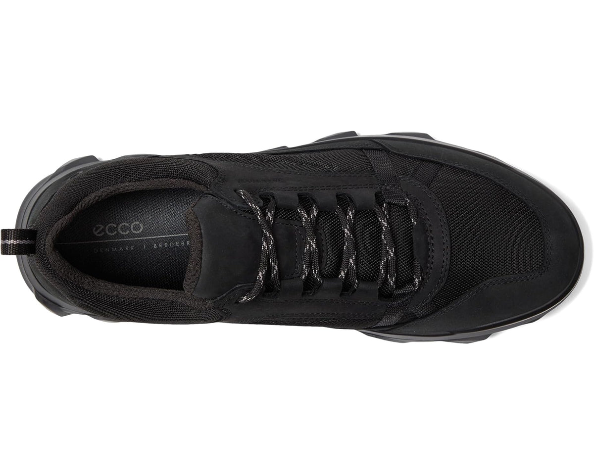Black lace-up sneaker, side view with cushioned collar and rubber sole