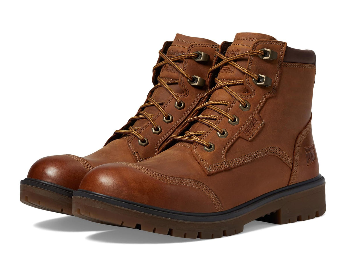 Brown leather lace-up work boots, padded collars, rugged rubber outsole.