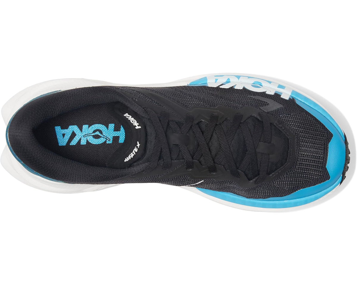 Men's Hoka Mafate X shoe, black lace and lining with blue HOKA branding on the heel