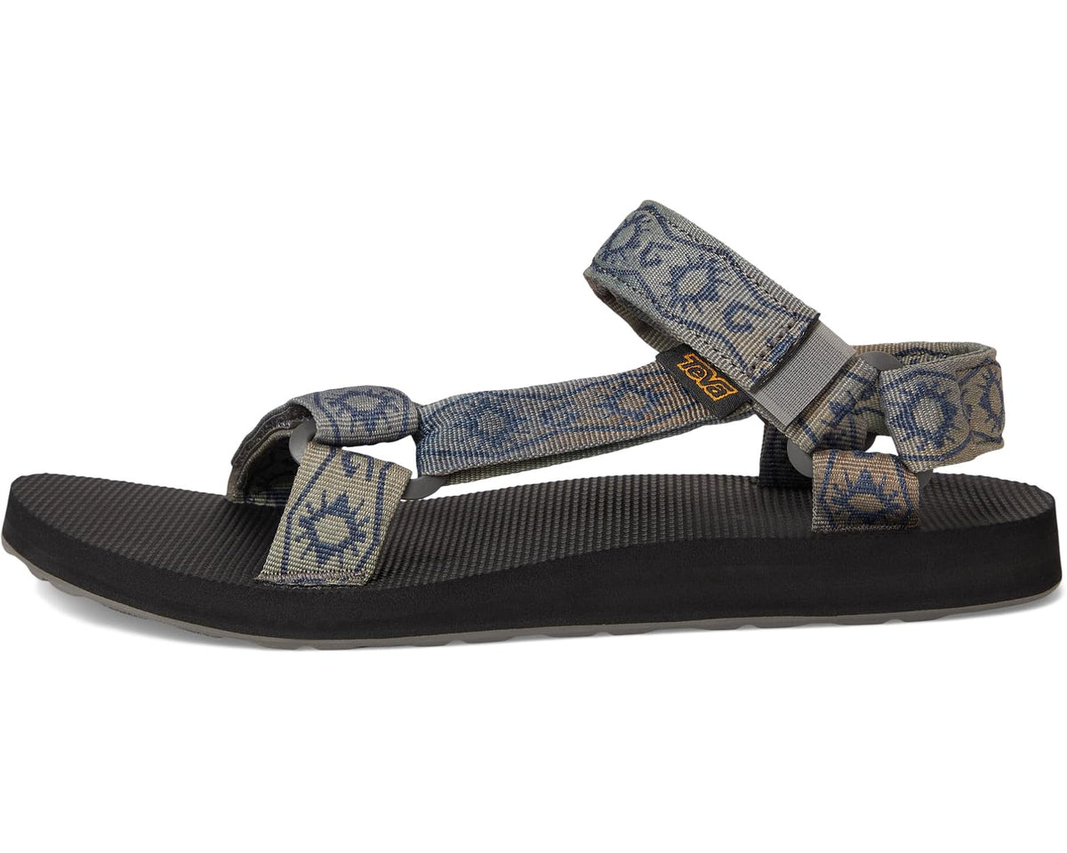 Men's Teva sport sandals with blue patterned straps and gray adjustable buckle.