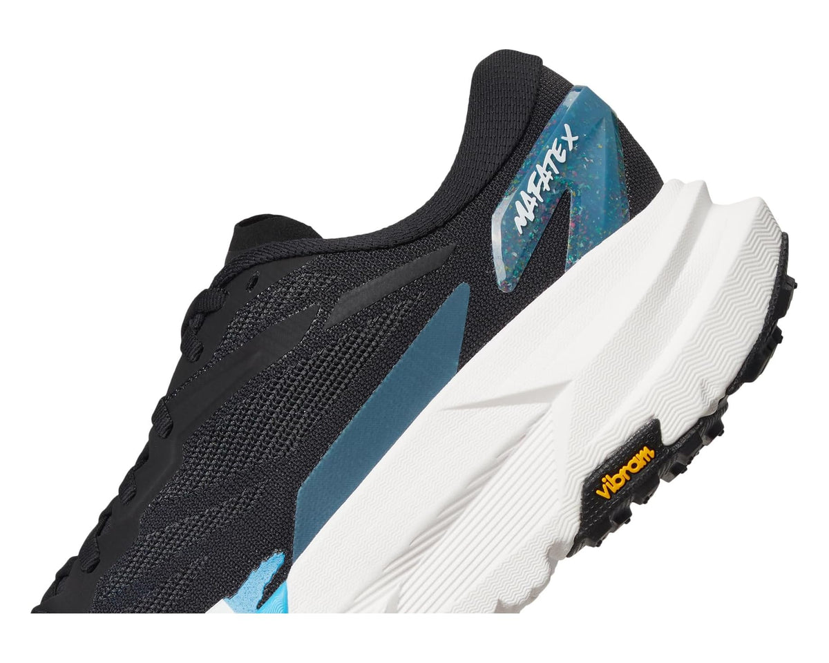 Men's Hoka Mafate X shoe, black mesh upper with blue-and-white panel and Vibram outsole