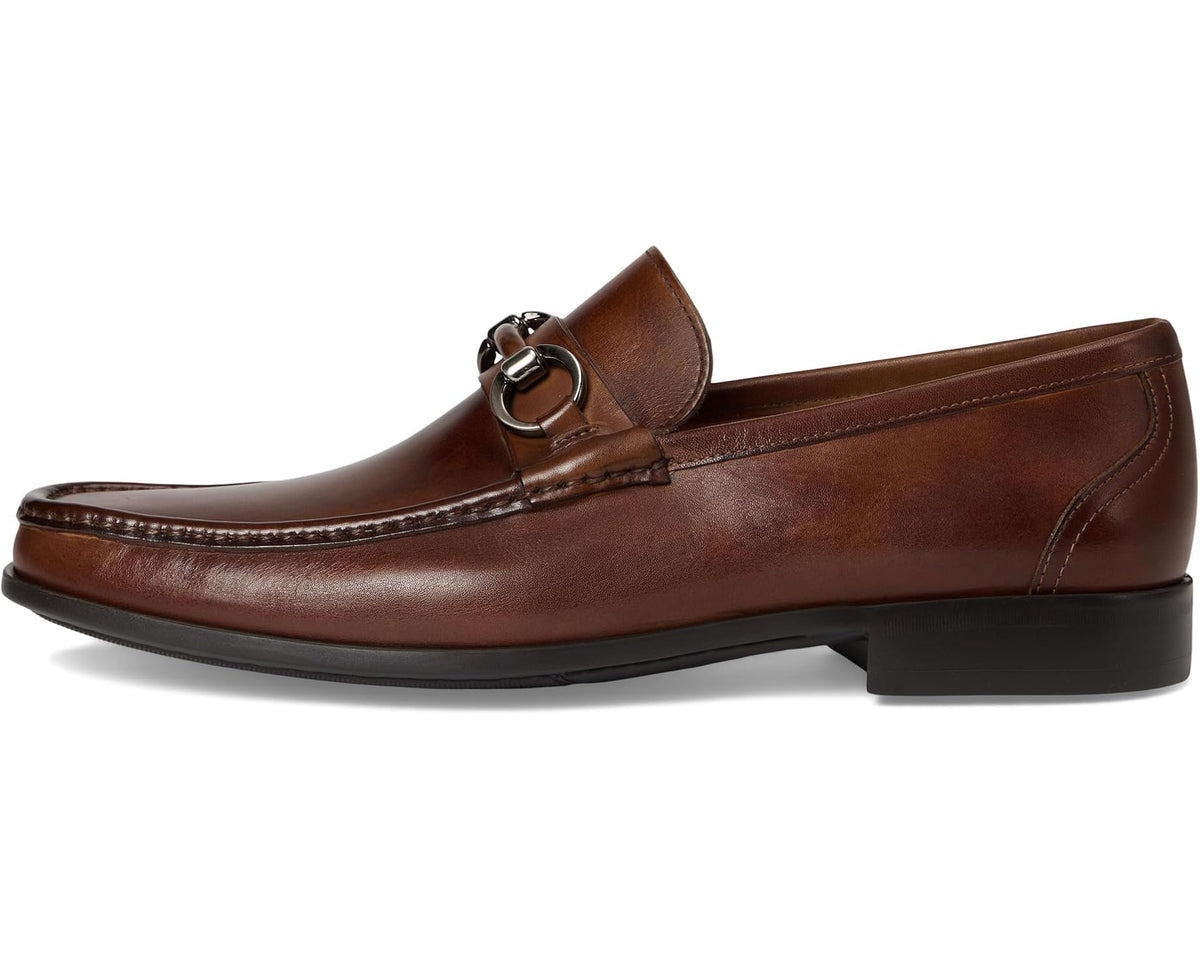 Tabaco leather penny-style loafer with bit buckle strap and low block heel