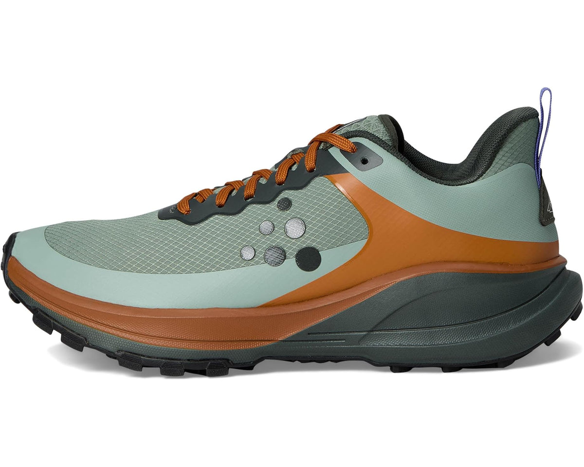 Men's trail running shoe, teal upper with orange trim and black cushioning sole