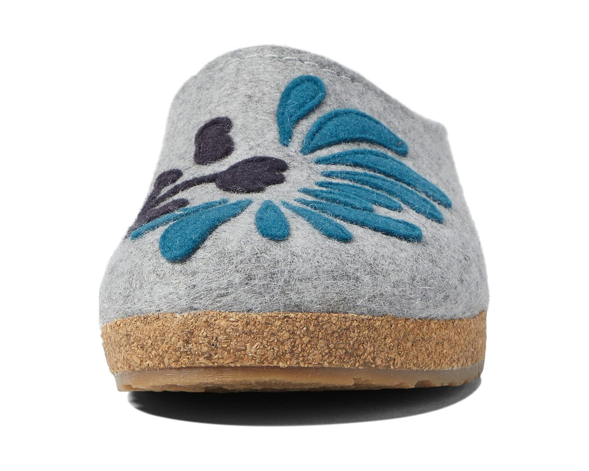 Haflinger unisex felt slippers, silver grey back with blue flower embroidery on heel
