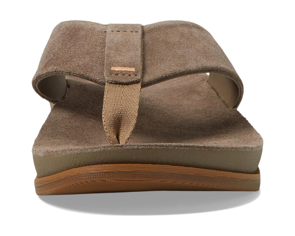 Men's suede slide sandals in fossil brown, rear view with adjustable strap