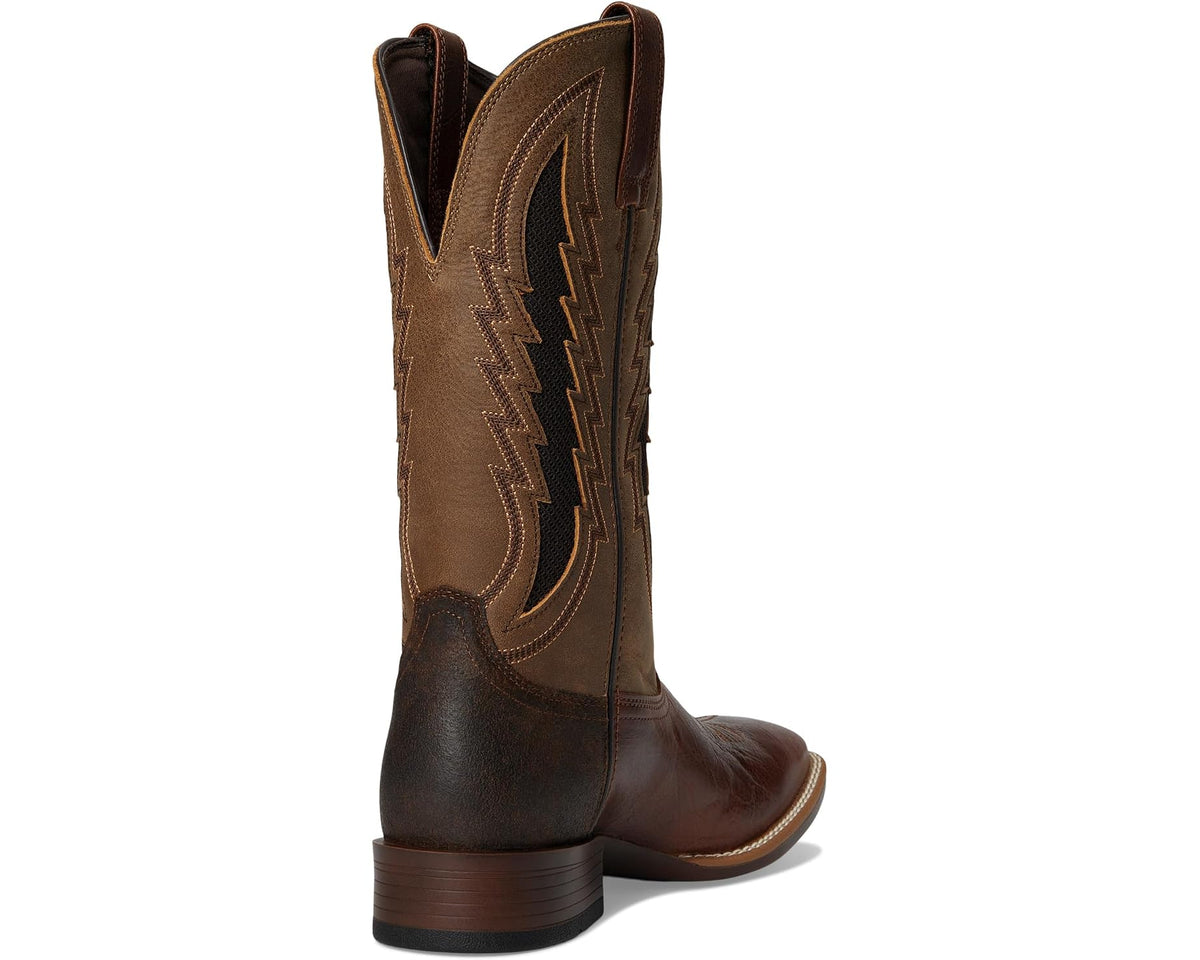 Men's brown cowboy boots shown from the side with pull tab and stitched design