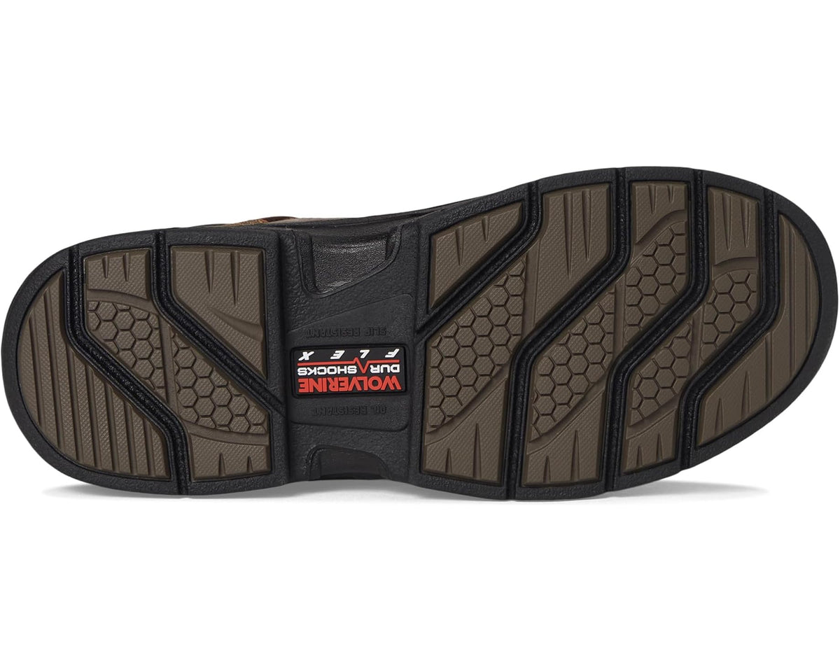 Brown boot outsole with deep tread and patterned grip