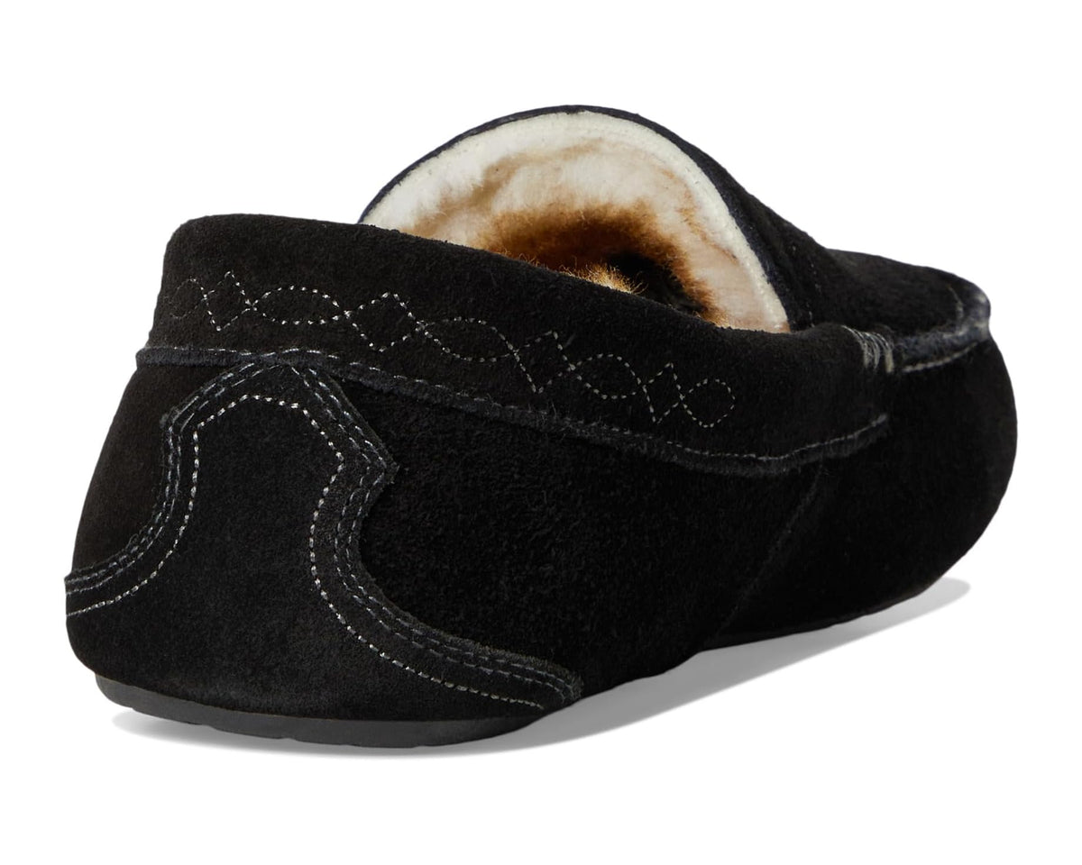 Black suede moccasin slipper with padded heel and exposed faux-fur lining