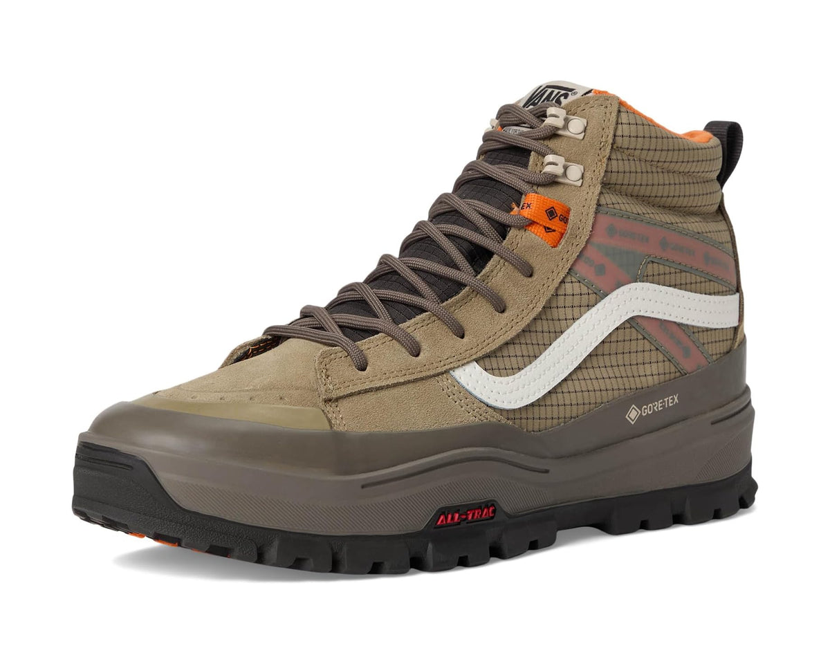 Brown and khaki high-top GORE-TEX insulated sneakers with orange outsole accents and side stripe