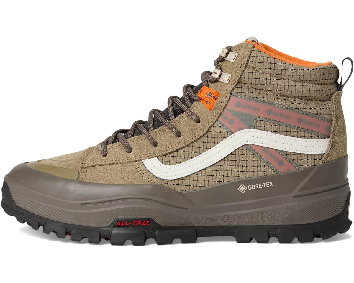Brown and khaki high-top GORE-TEX insulated boot with white stripe and orange heel lining
