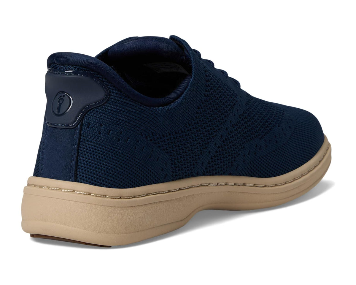 Blue lace-up knit sneaker with heel pull tab and beige rubber sole