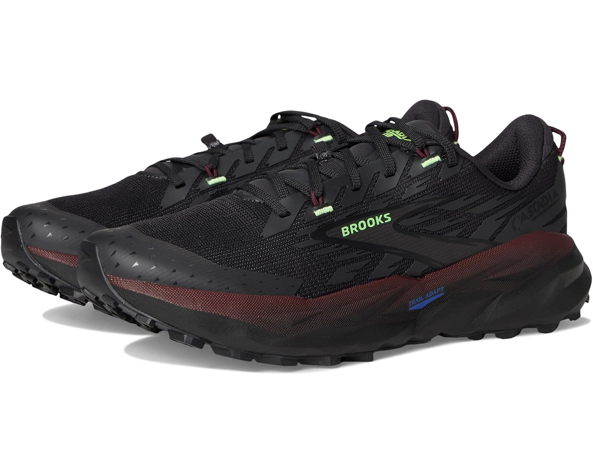 Men's black trail running shoe with lace-up mesh upper, Brooks logo, and tread outsole