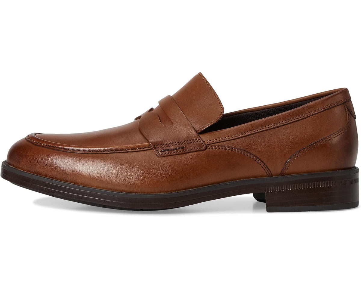 Men's brown leather penny loafers with stitch detailing and low block heel