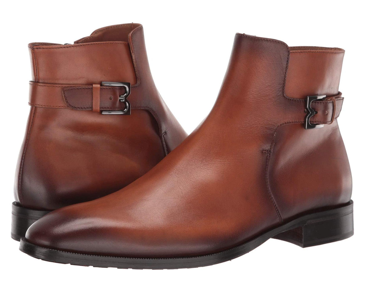 Men's Bruno Magli Angiolini cognac leather ankle boot with buckle strap and dark sole.