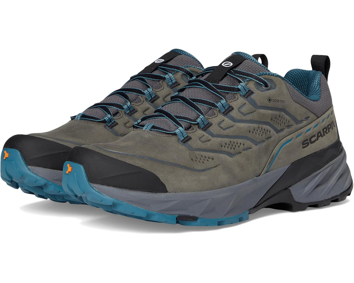 Men's hiking shoe in gray-taupe with teal laces and rugged rubber sole