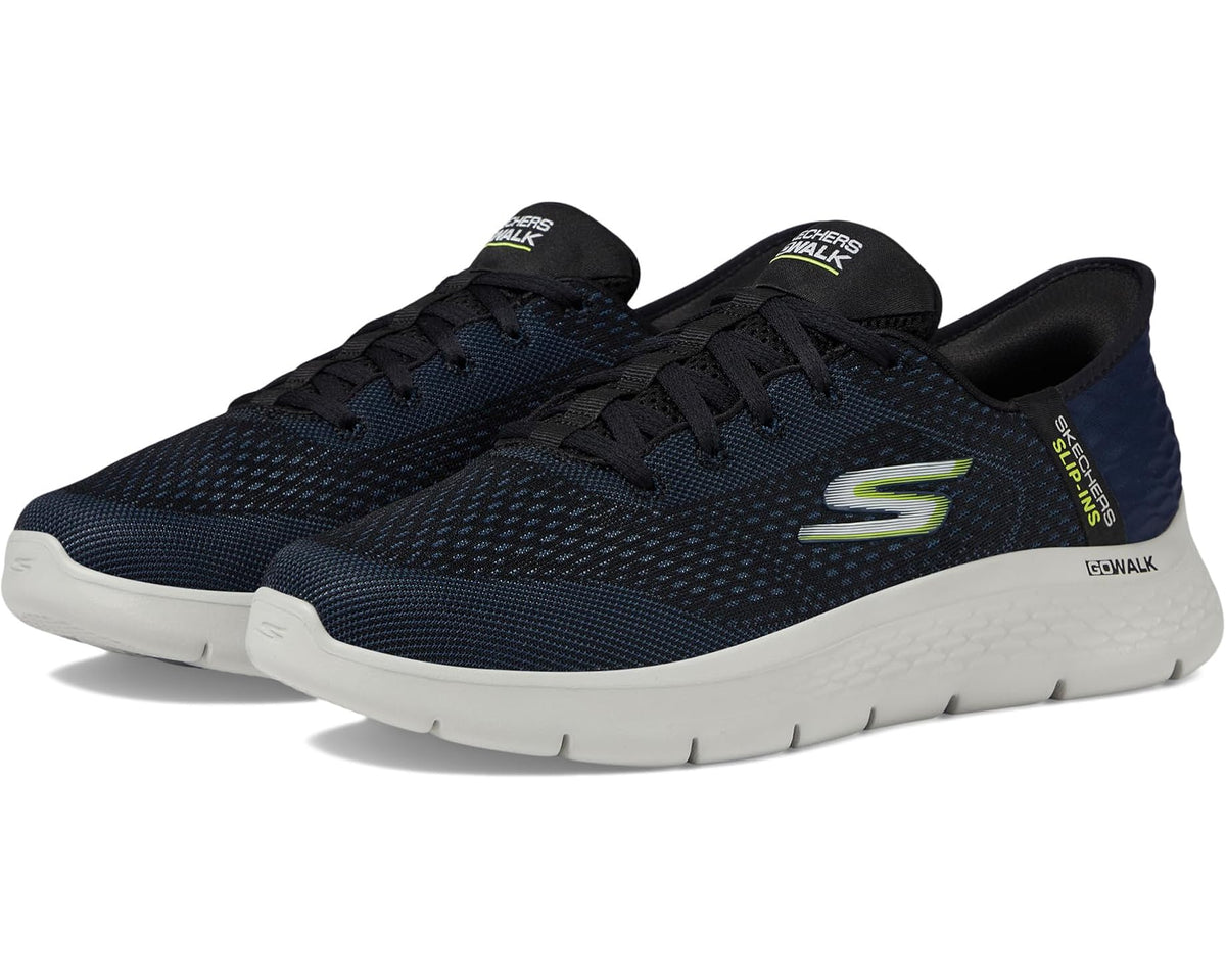 Navy knit SKECHERS slip-in sneaker with black laces and lime accents