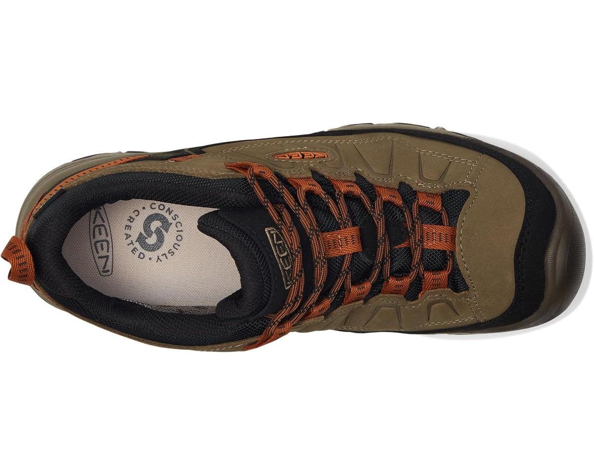 Men's KEEN waterproof hiking shoe, tan upper with black lining and orange laces