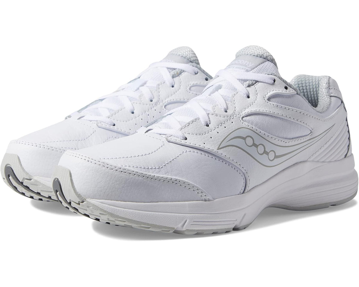 Men's white walking sneaker with lace-up front and cushioned sole