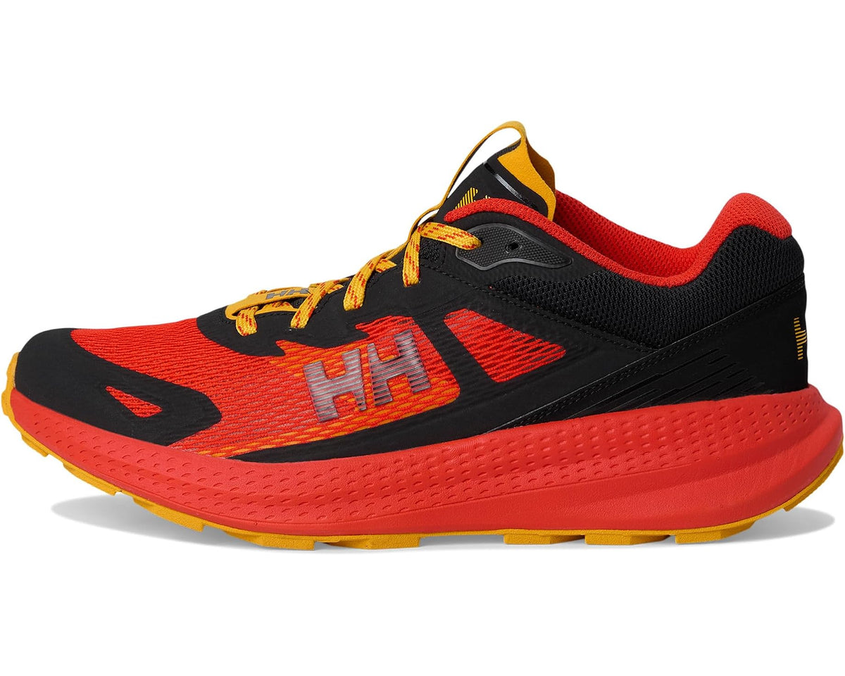 Men's trail running shoe in red and black with yellow lace trim and textured panels.
