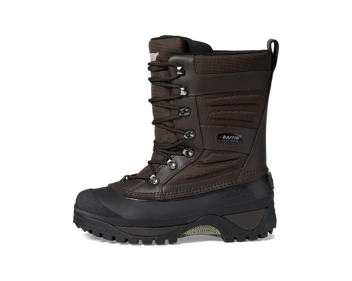 Men's tall lace-up winter boot in dark brown with side logo and thick rubber sole
