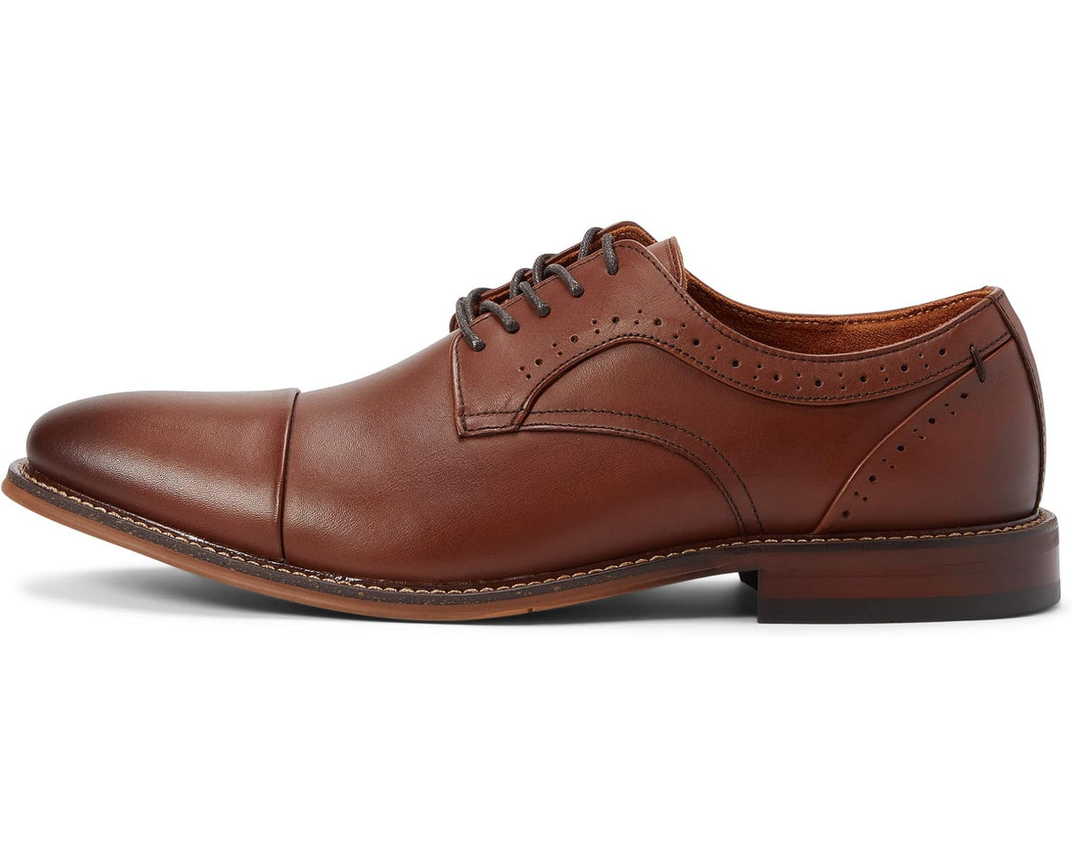 Men's cap-toe oxford shoes, chocolate brown leather, lace-up with stitched trim