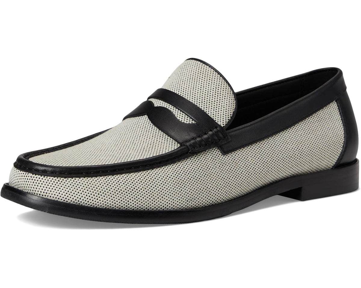 Two-tone men's slip-on loafer with black strap across beige perforated vamp