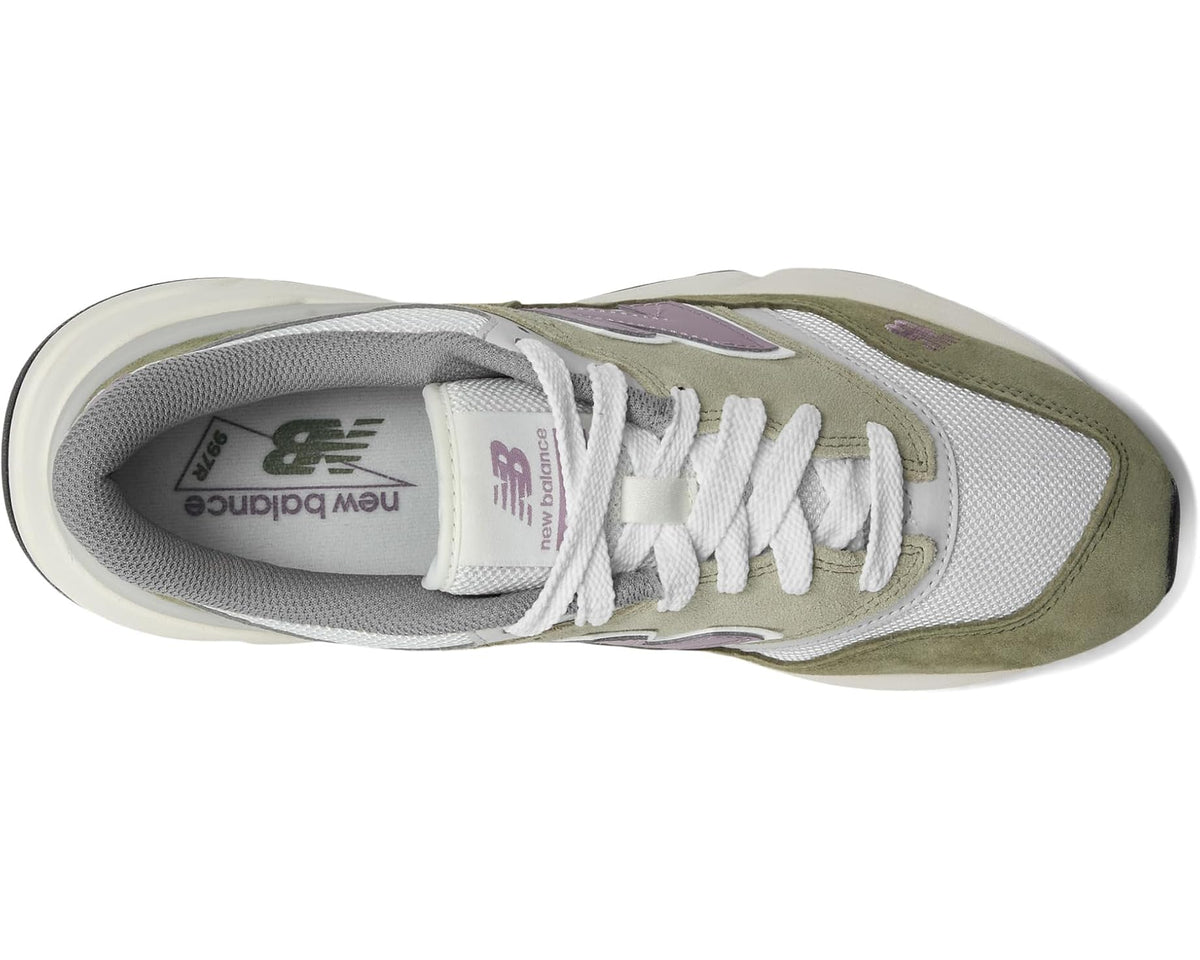 Unisex New Balance 997R sneakers with white laces and olive suede side panels