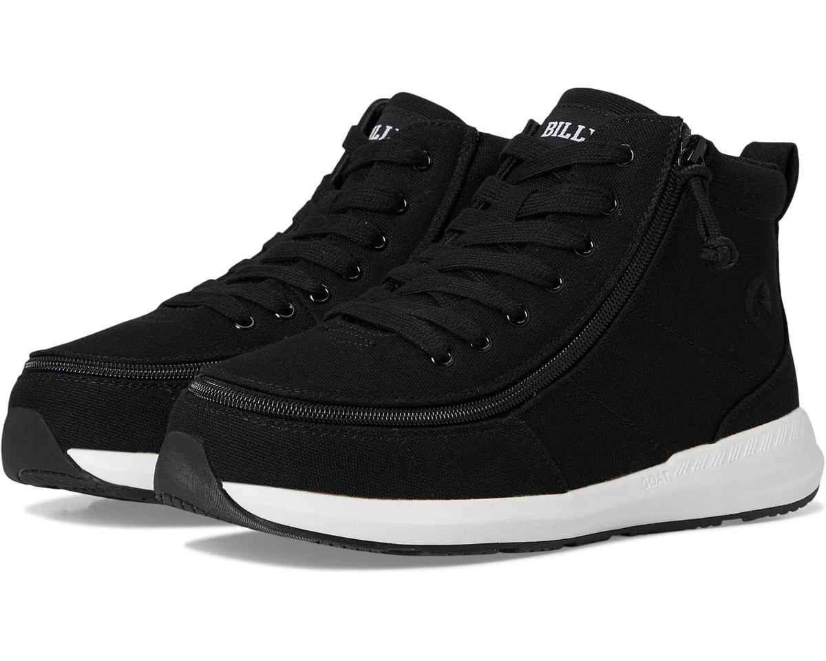 Men's black high-top sneakers with lace-up front, side zipper, white rubber sole