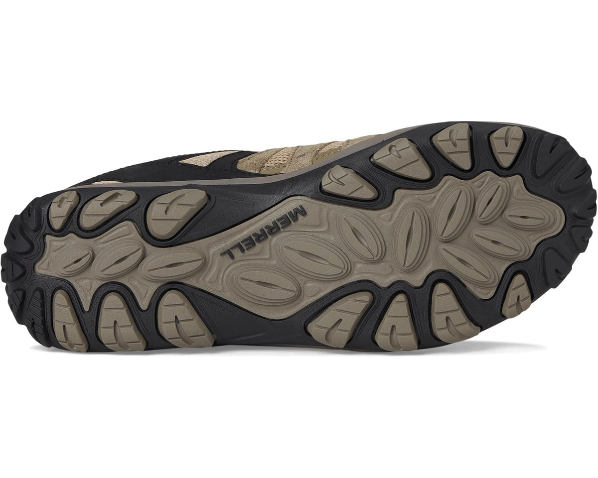Men's Merrell hiking shoe outsole view, rubber tread with Pecan upper