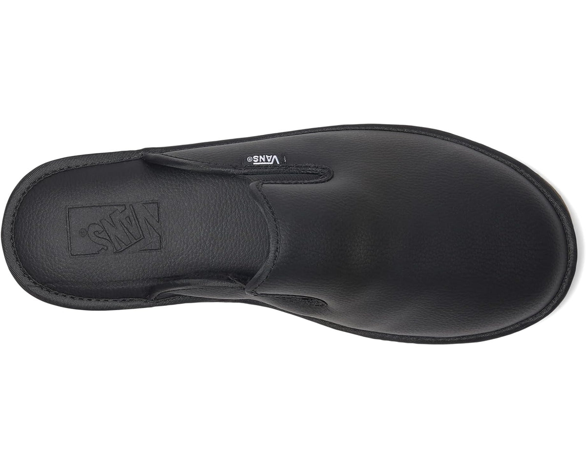 Unisex black leather mule shoe with stitched interior seam and logo patch