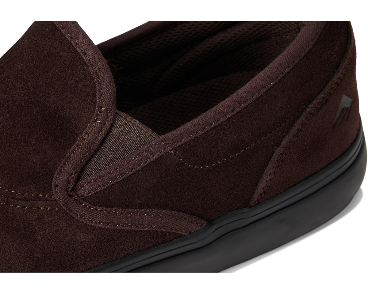 Close-up of brown suede slip-on upper with elastic gore and stitching