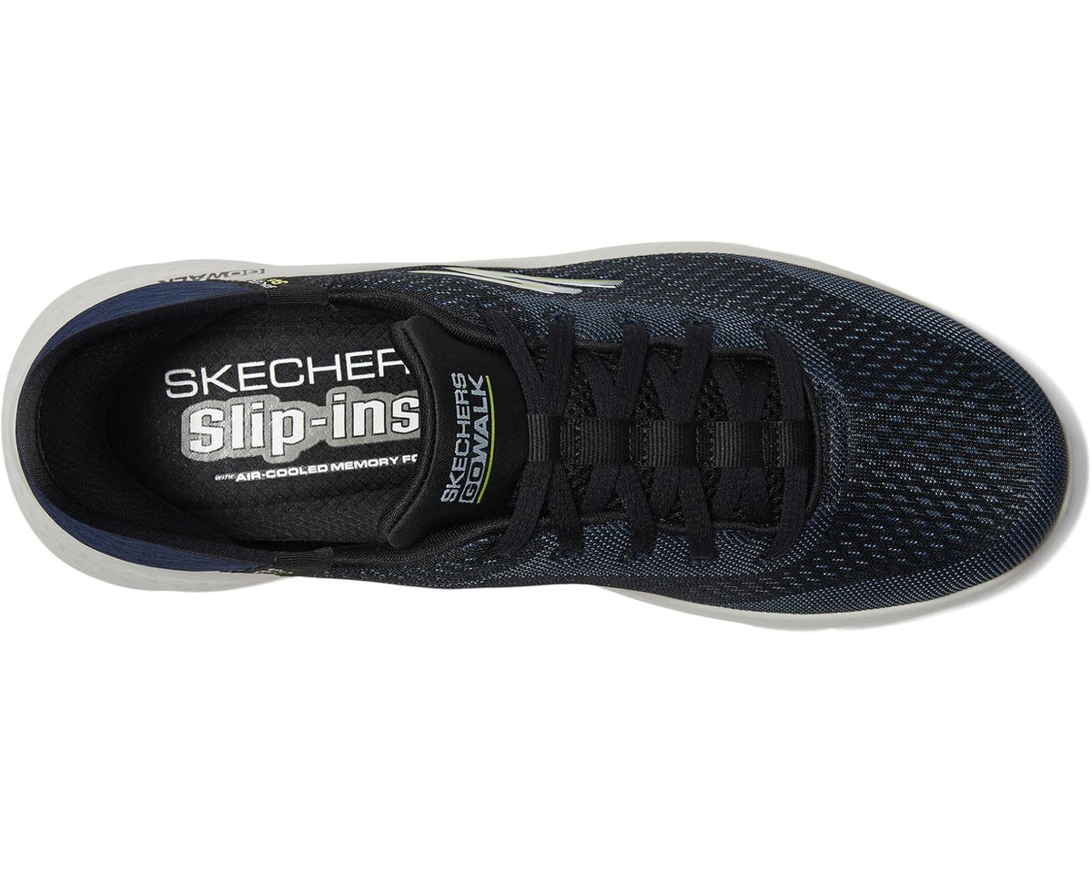 Navy slip-in sneaker interior and logo detail, black laces, cushioned insole
