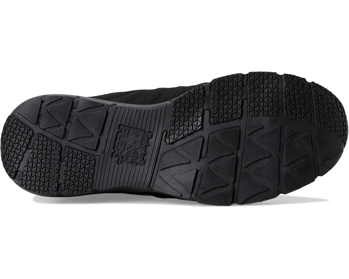 Black rubber outsole with deep tread pattern and molded protective heel