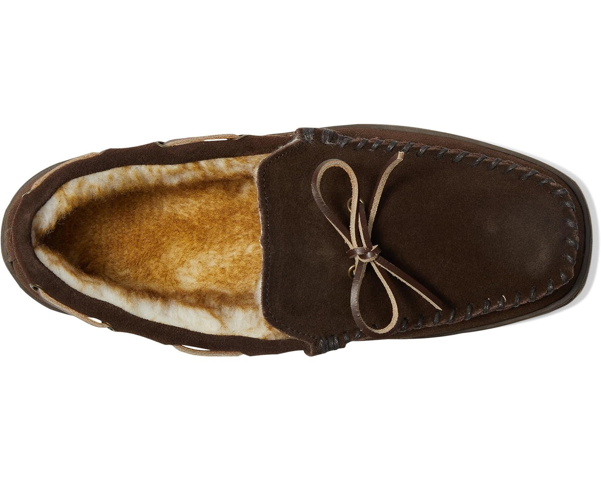 Men's dark brown moc slipper with tan shearling lining and lace tie at opening