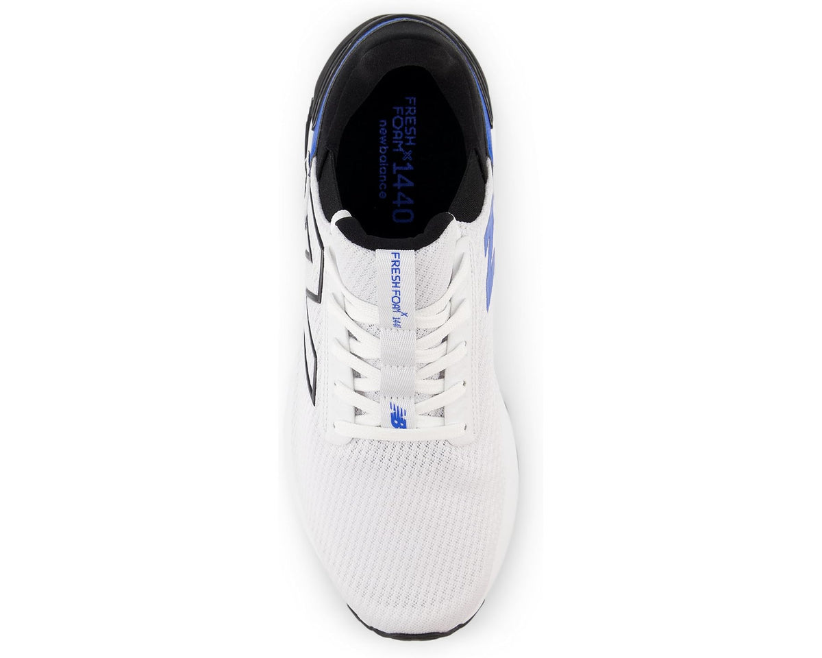 Men's New Balance running shoe, white upper with lace-up front and blue tongue logo