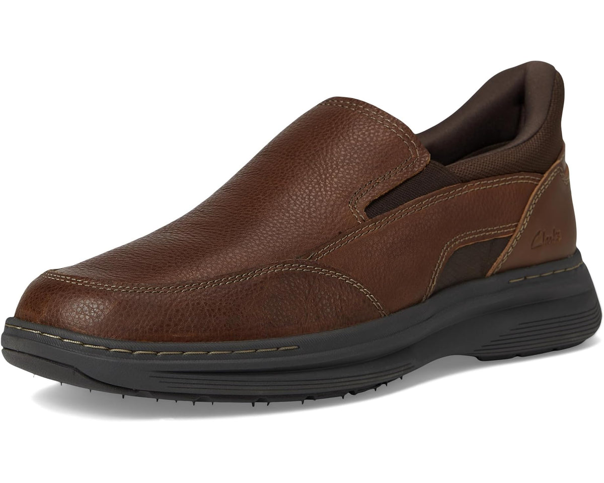 Men's brown leather slip-on casual shoe with padded collar and low-profile rubber sole