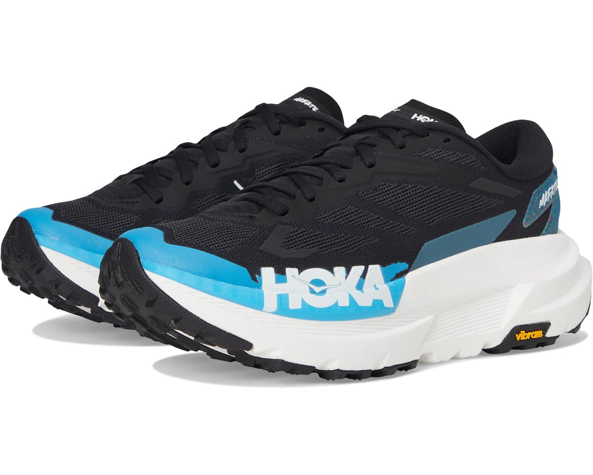 Men's Hoka Mafate X trail running shoe, black knit upper with blue accents and white midsole